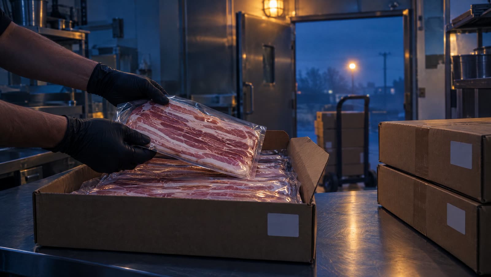 Gloved hands lifting a pack of raw bacon from an opened case on a steel receiving table, the back door open to dusk